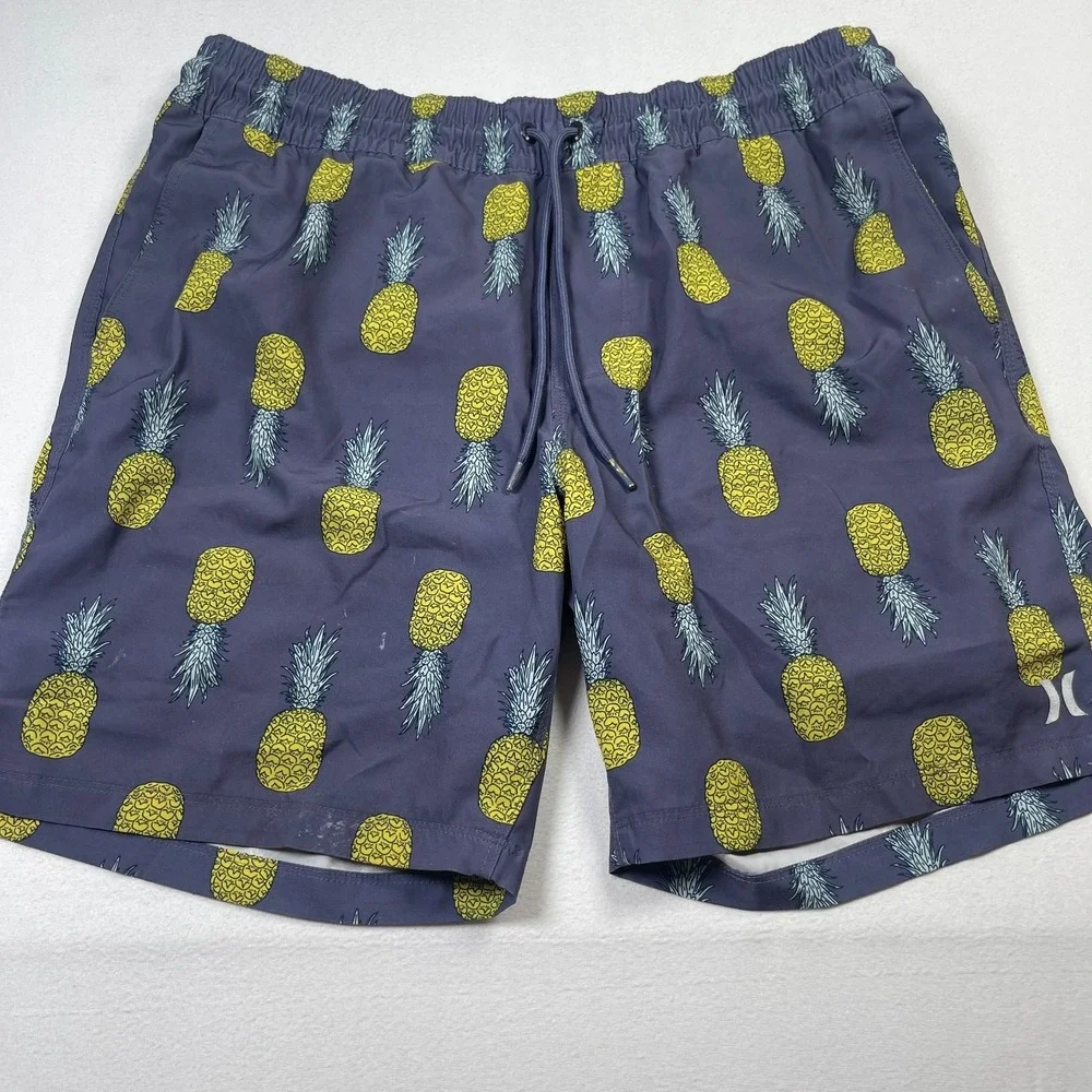 Hurley Swim Shorts Men's Large Gray Pineapple Print Nylon‎ Stretch Drawstring